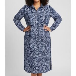 Vtg SCHRADER SPORT Blue SATIN Floral Patter Hidden Button-Down Shirt Dress 22W